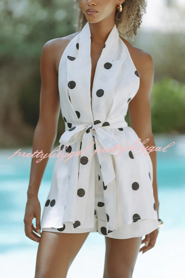 Gabby Linen Blend Polka Dot Tie-up Lapel Halter Vest and Metal Ring Belt Loose Shorts Set