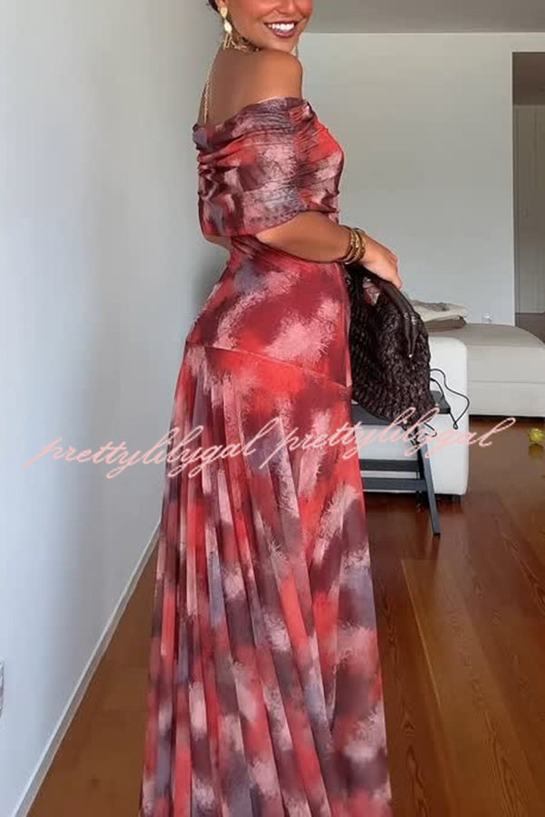 Unique Printed Off-the-shoulder Waisted Holiday Maxi Dress