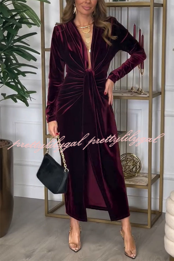 Creating Romance Velvet Ruched Drape Long Sleeve Stretch Maxi Dress