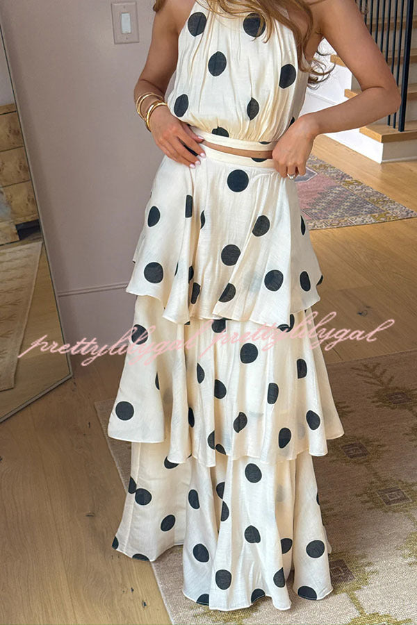 Gift To You Polka Dot Print High Neck Sleeveless Top and Layered Hem Maxi Skirt Set