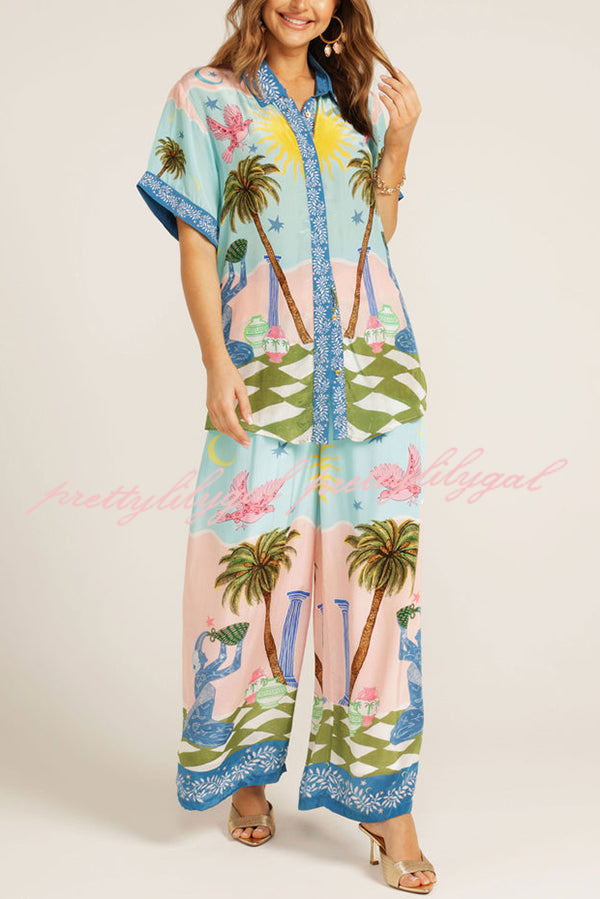 Summer Vacation Printed Short-sleeved Loose Shirt and Elastic Waist Pocket Pants Set