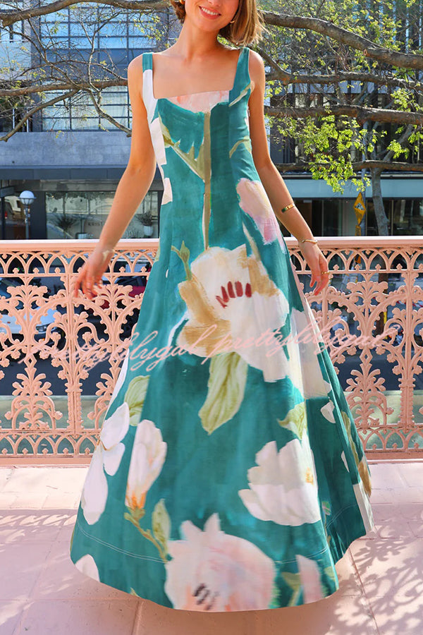 Floral Print Sleeveless Square Neck Big Hem Maxi Dress