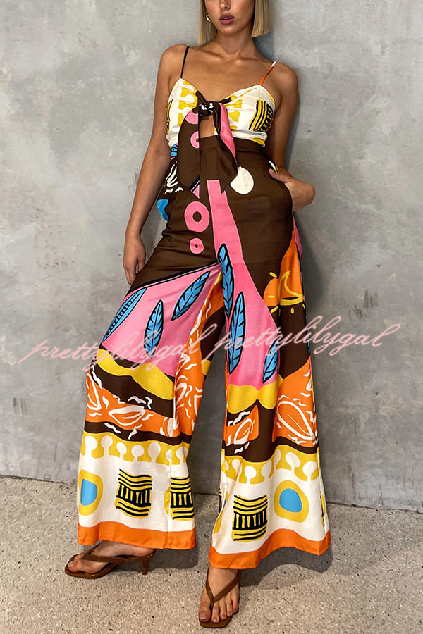 Unique Printed Suspenders Hollow Waist Wide-leg Jumpsuit