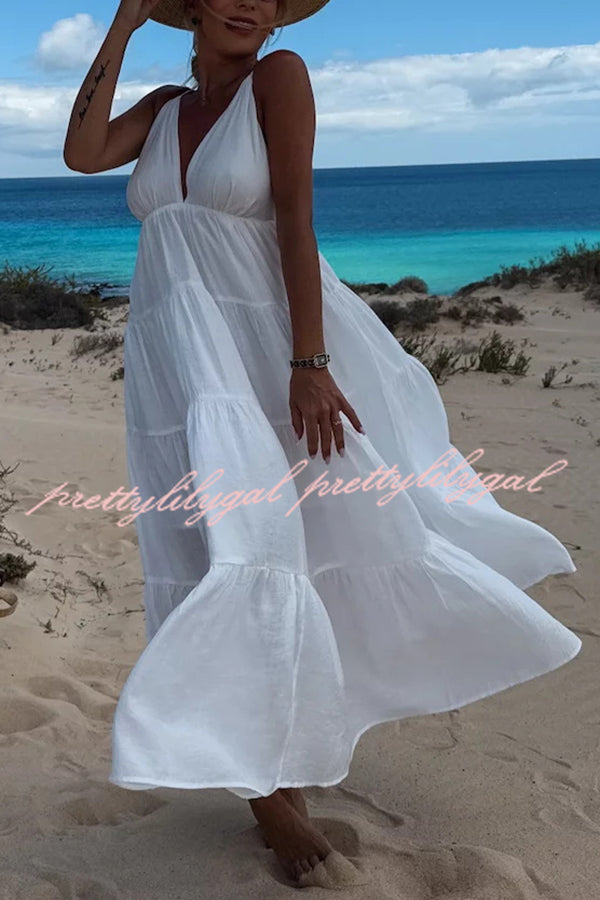 Bohemian Style V-neck Backless Slip Layered Vacation Maxi Dress