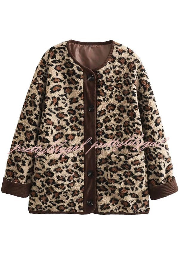 Warm Feel Colorblock Leopard Print Plush Button Up Pocketed Teddy Jacket