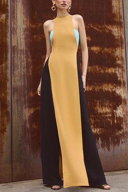 Fashionable Contrast Color Stitching Sleeveless Slim Maxi Dress