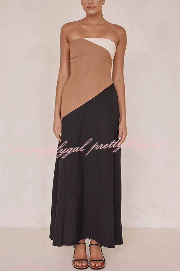 Calissa Asymmetrical Colour Block Strapless Pocketed A-line Maxi Dress