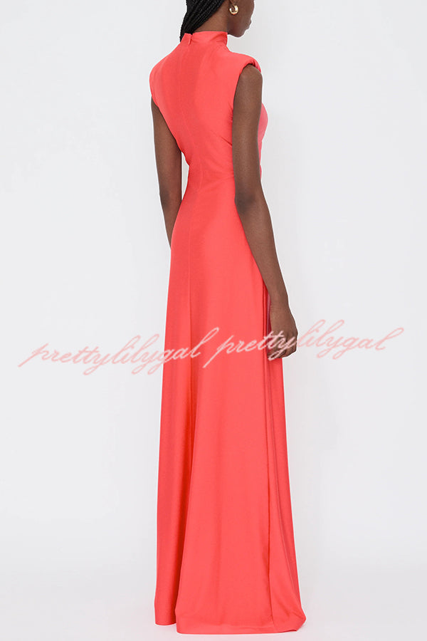 Genis Hollow Elastic Bust High Neck Sleeveless Gathered Maxi Dress
