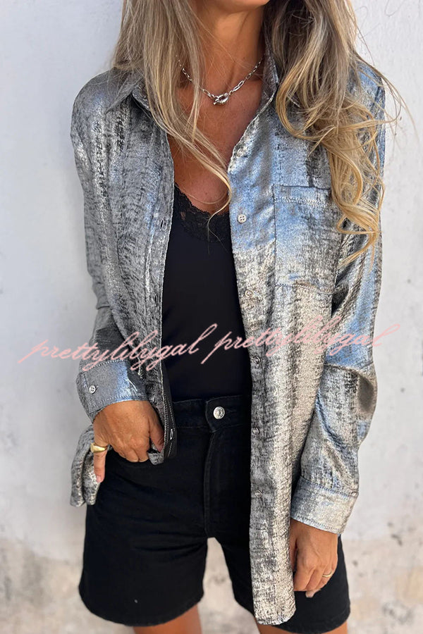 First and Fabulous Metallic Fabric Button Up Long Sleeve Loose Blouse