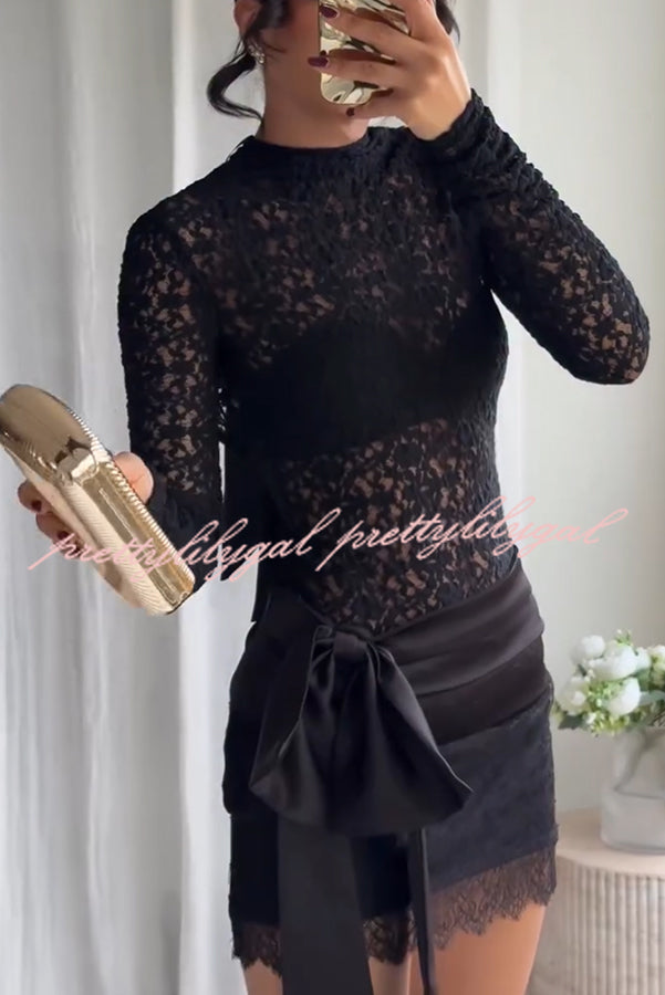 Anna Semi-sheer Lace Long Sleeve Back Bow Tie-up Cutout Stretch Bodysuit