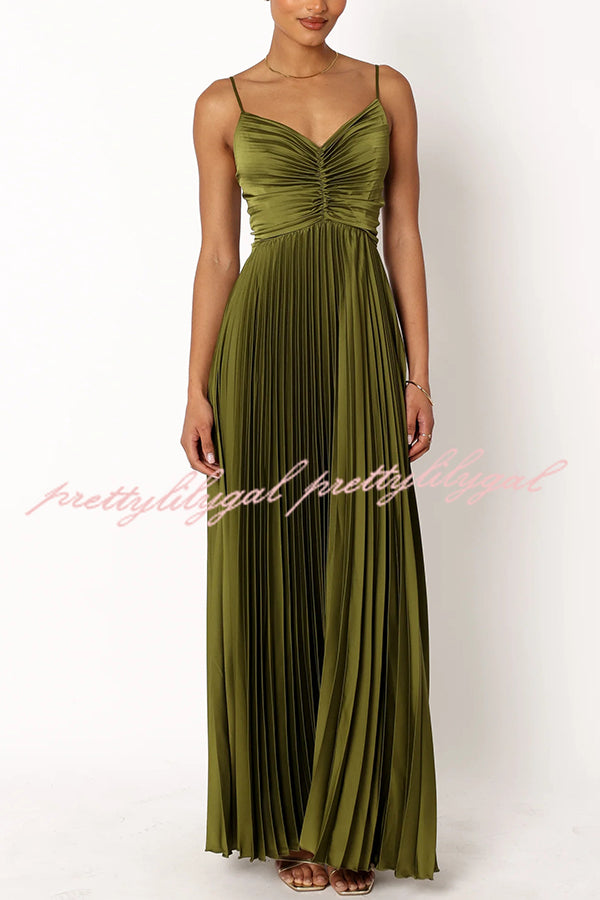 Catch The Light Satin Pleated V-neck Slip Maxi Dress
