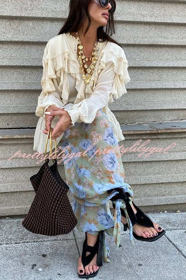 Autumn Boho Chiffon Floral Print Elastic Waist Tie-up Hem Balloon Pants