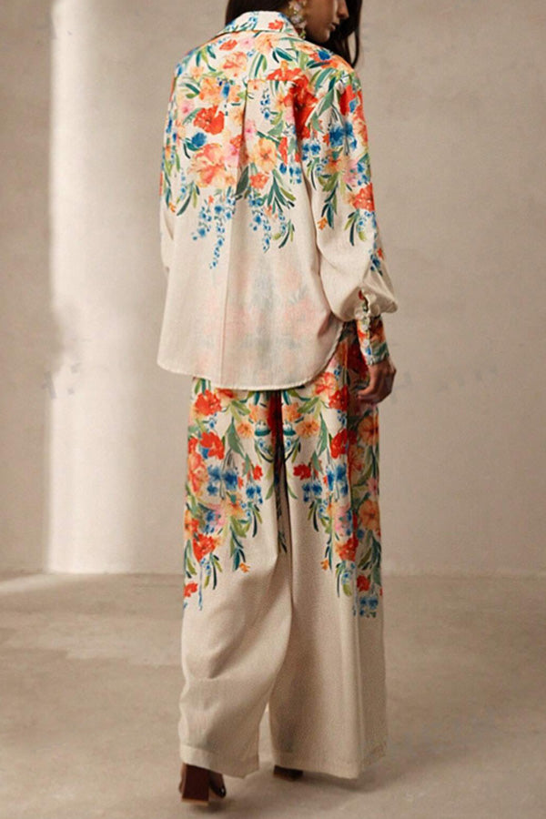Floral Print Lapel Long Sleeve Shirt and Elastic Waist Pocket Casual Wide Leg Pants Set
