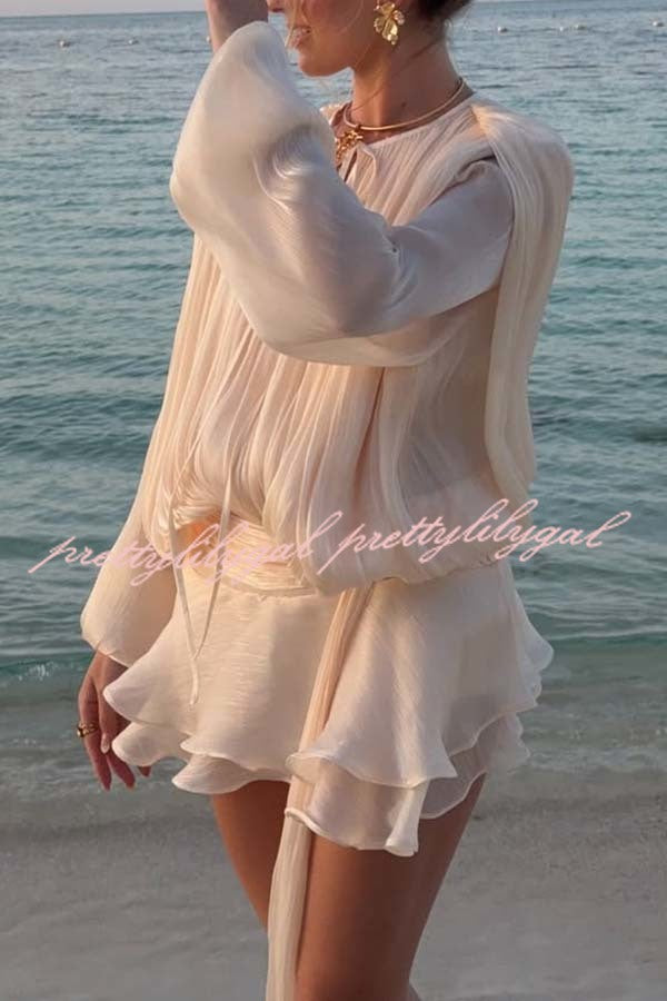 Ninah Glitter Fabric Pleated Balloon Sleeve Tiered Ruffle Hem Mini Dress
