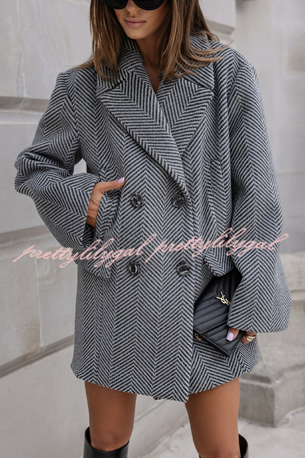 Fashion Stripe Print Lapel Pocket Coat