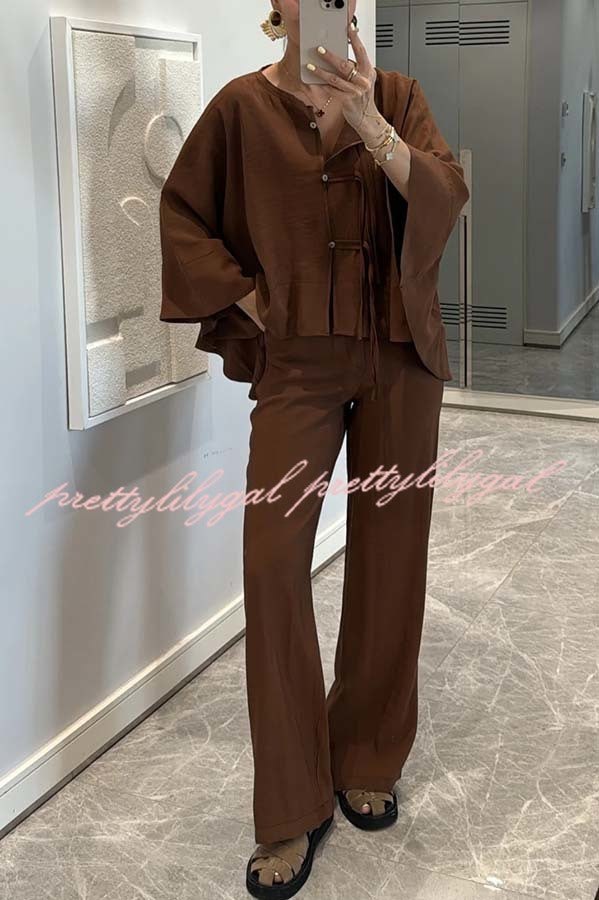 Ellie Tie-button Batwing Sleeve Loose Top and High Rise Pocket  Wide Leg Pants Set