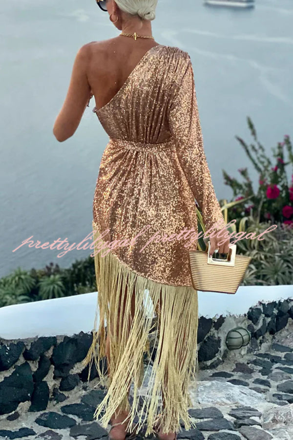 For The Love Gold Sequin One Shoulder Belted Fringes Midi Dress