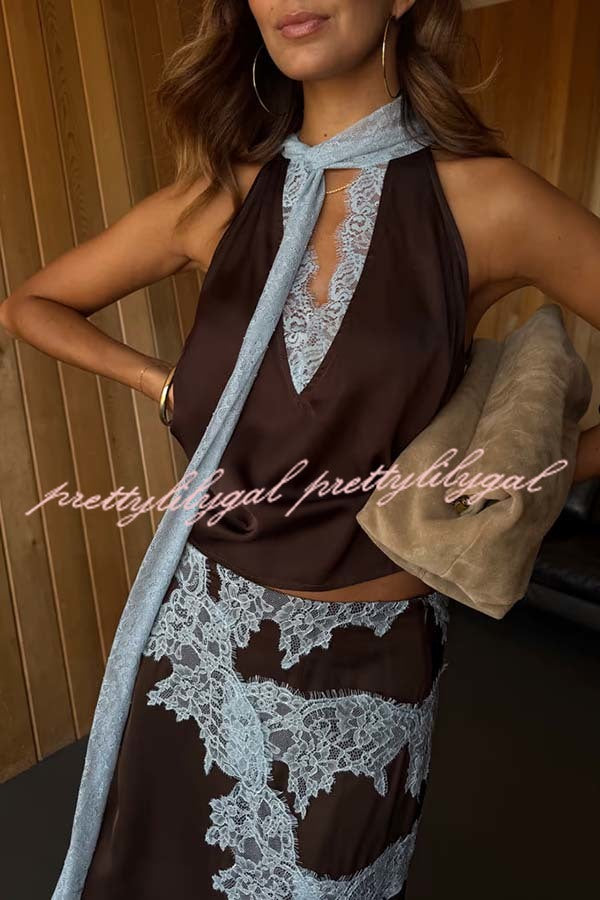 Sunday Social Contrast Color Satin Lace Trim Neck Strap Loose Tank