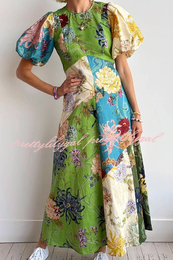 Floral Print Round Neck Puff Sleeve Casual Midi Dress