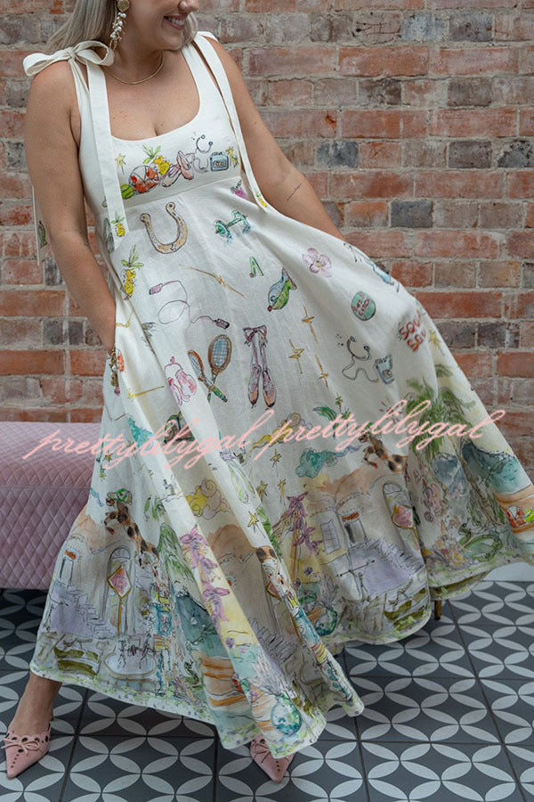 Euro Summer View Linen Blend Unique Print Tie-up Straps Pocket Midi Dress