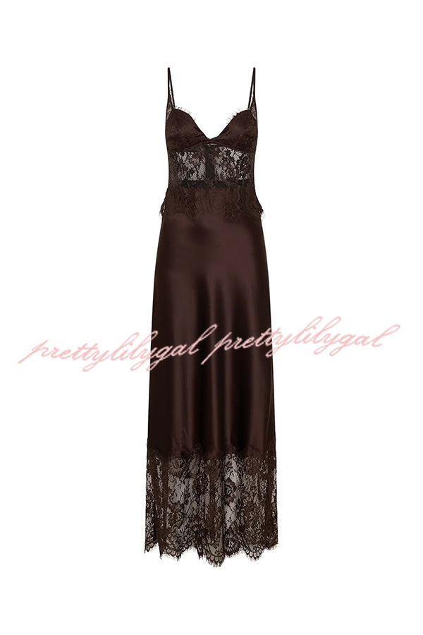 Elegant Evening Satin Lace Patchwork See-through Waist Slip Maxi Dress
