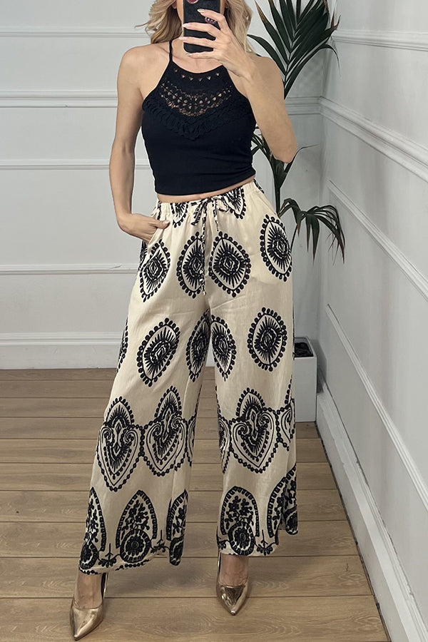 Unique Print Elastic Waist Casual Pocket Wide Leg Pants