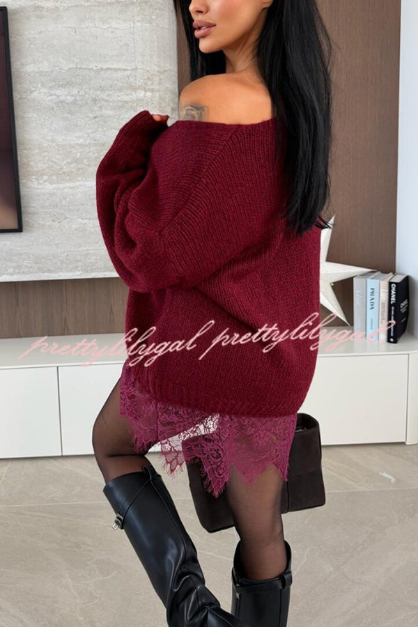 Comfy and Sweet Knit Lace Patchwork Hem Wide Neck Long Sleeve Loose Sweater
