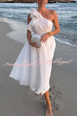 Romantic Seaside One Shoulder Frill Detail Sleeve Layered Midi Dress