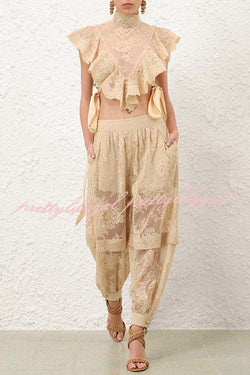 Ellie Lace Gathered Waist Pocket Button Ankle Cuffs Harem Pant