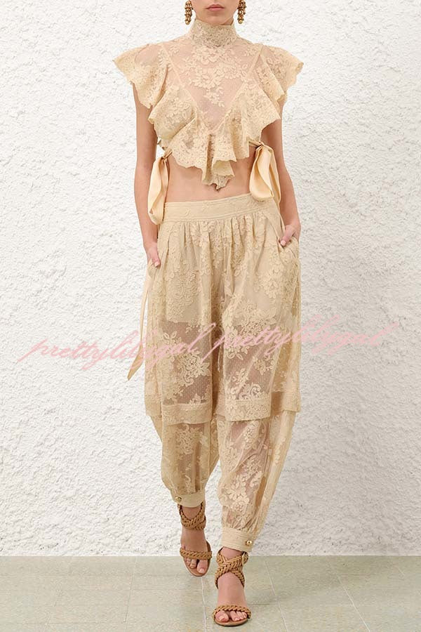 Ellie Lace Gathered Waist Pocket Button Ankle Cuffs Harem Pant