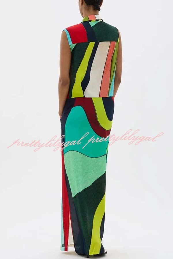 Bold and Elegant Colorful Print Button Up Pocket Shirt Slit H-line Maxi Dress