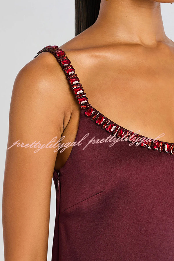 Taste Red Wine Satin Gemstone Trim Round Neck Slip H-line Mini Dress