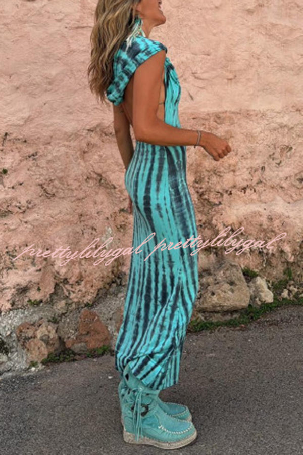 Pietra Tie Dye Print Scoop Neck Backless Hooded Stretch Maxi Dress