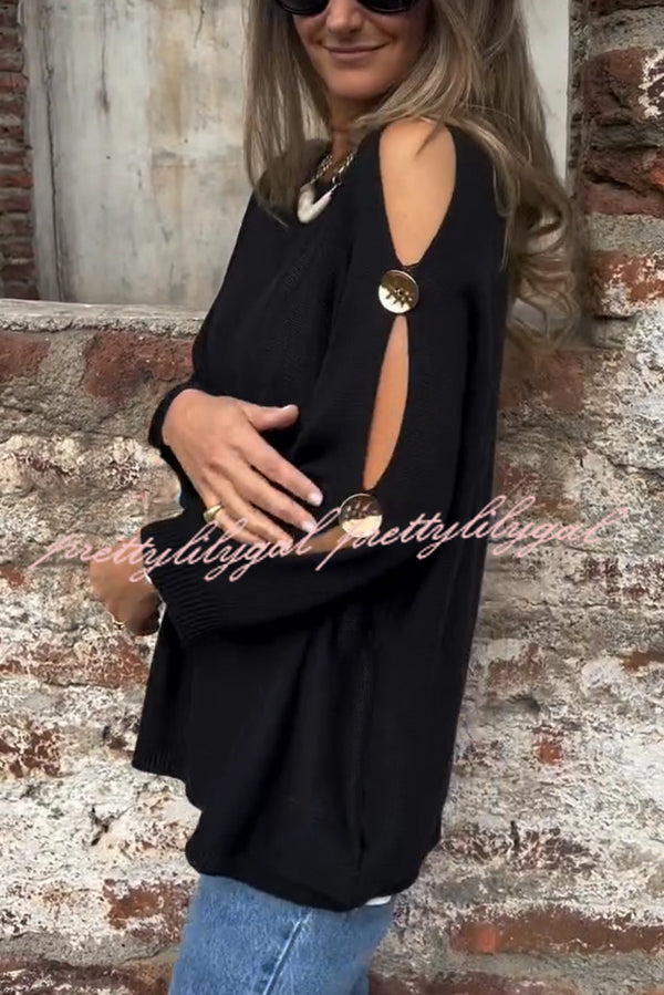 Solid Color Round Neck Hollow Long Sleeve Loose Knitted Sweater