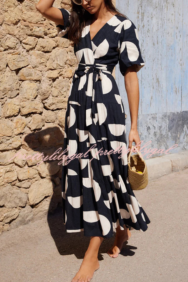 Unique Printed V-neck Puff Sleeves Tie Waist Midi Dress