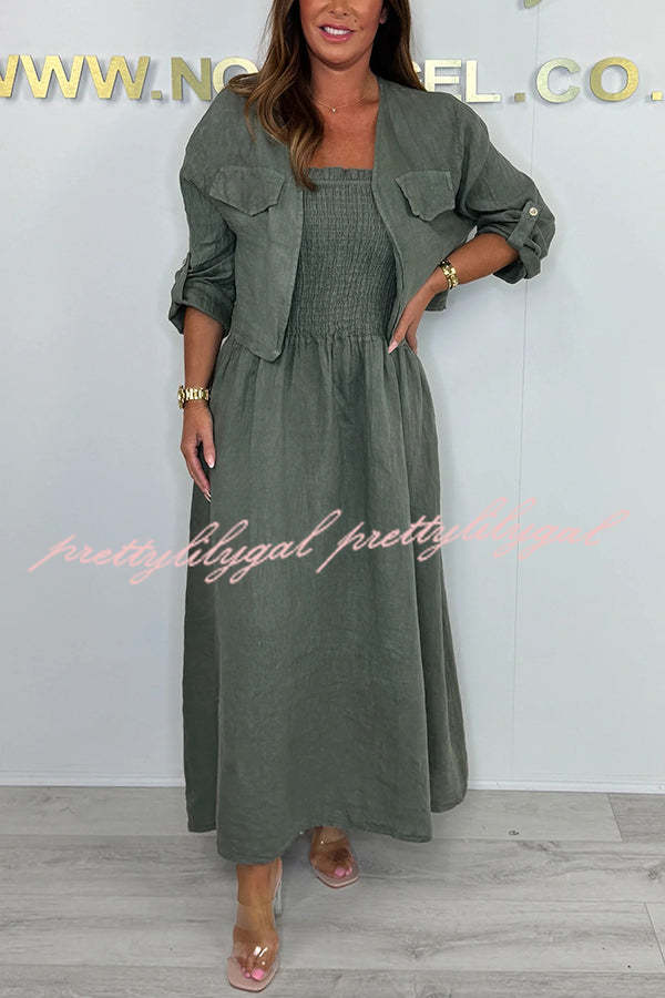 Solid Color Casual Short Jacket and Suspender Pleated Maxi Dress Set