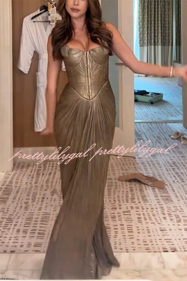 Vegas Queen Metallic Pleated Sculpted Bodice Back Lace-up Drape Maxi Dress