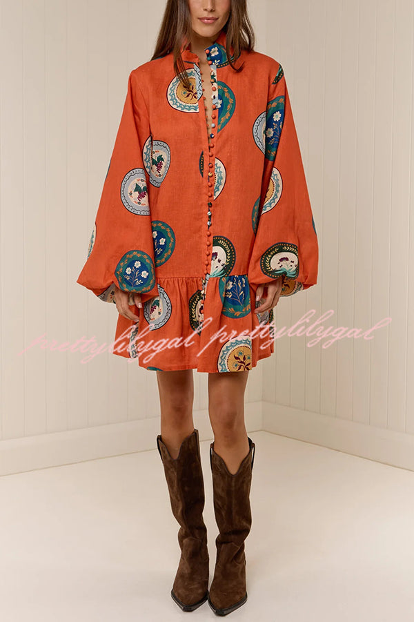 Linen Blend Unique Print Tie Waist Loose Mini Dress