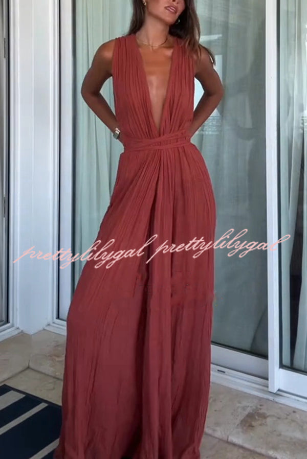 Resort Style V-neck Tie Pleated Casual Jumpsuit