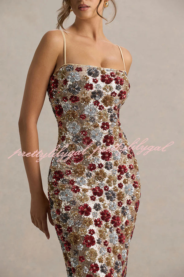 The Center of Attention Floral Print Sequin Square Neck Slip Stretch Maxi Dress