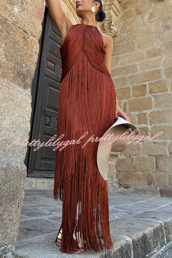 Fashion Sleeveless Halter Neck Elegant Tassel Slim Maxi Dress