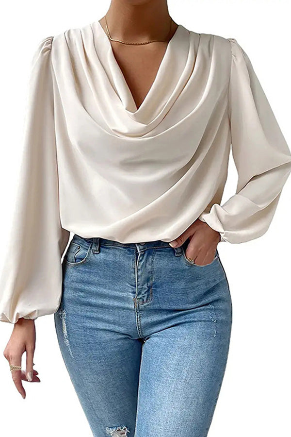 Simple and Beautiful Satin Cowl Drape Neck Long Sleeved Shirt