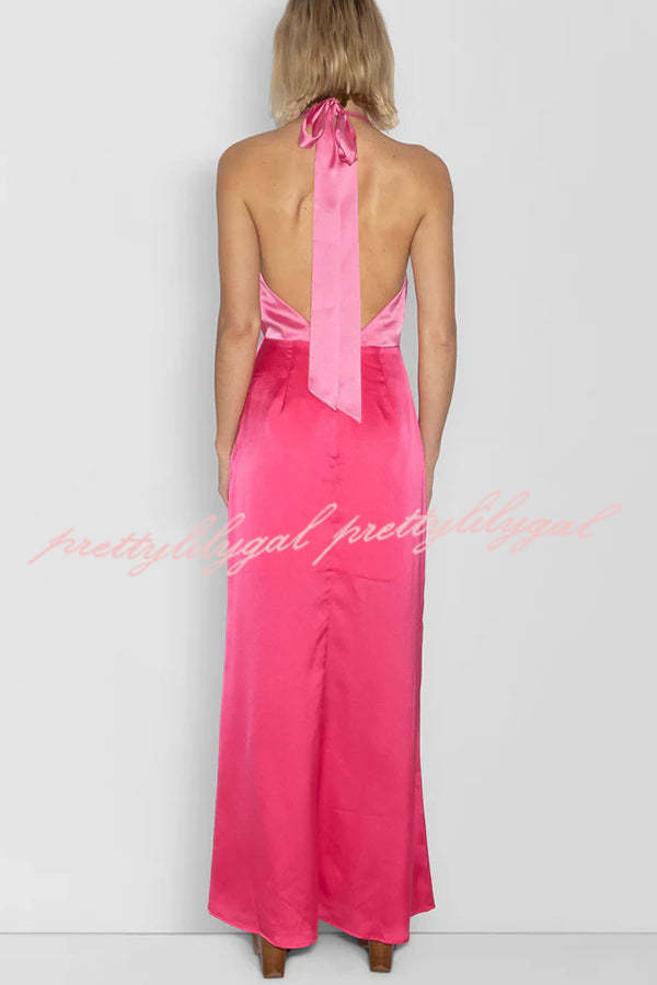 Like A Gem Satin Colorblock Halter Backless Party Maxi Dress