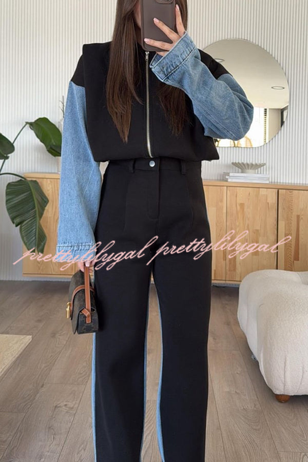 Sports Fashion Denim Patchwork Sweatshirt Fabric High Rise Pocket Loose Pants