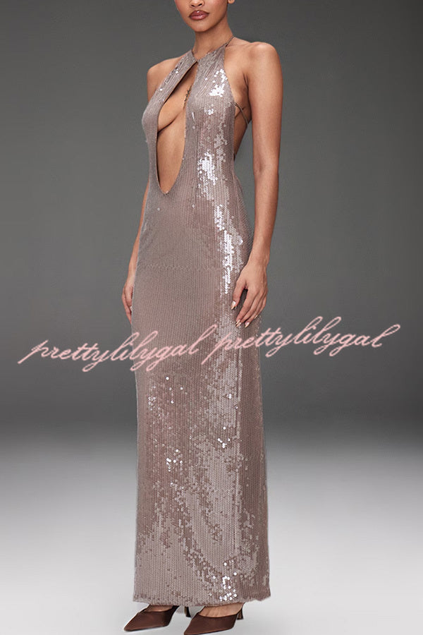 Light Up The City Sequin Cutout U-neck Back Lace-up Maxi Dress