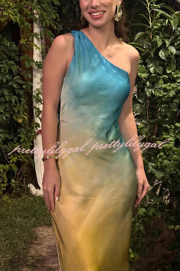 Satin Ombre One Shoulder Backless Fitted Maxi Dress