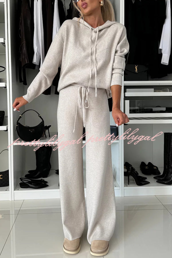 Solid Color Loose Hooded Tie Sweatshirt and Elastic Waist Casual Straight Pants Set