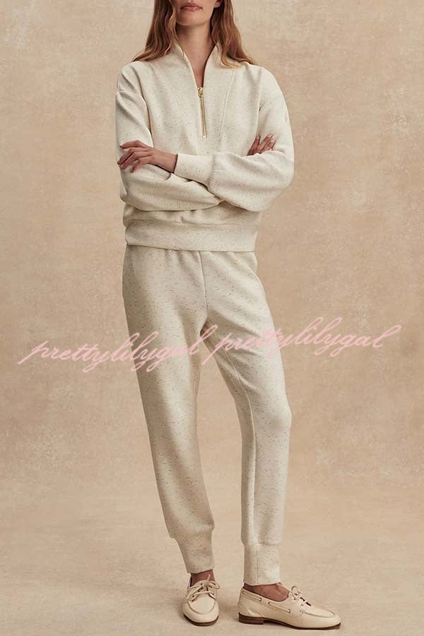 Ivory Marl Fleck Half-Zip Neck Long Sleeve Sweatshirt and Elastic Waist Pocket Jogger Set