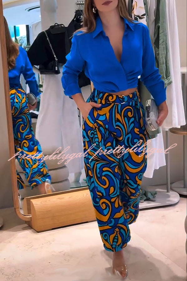 Ocean Heart Linen Blend Printed Ruched Hem Blouse and Belted High Rise Pocket Loose Pants Set