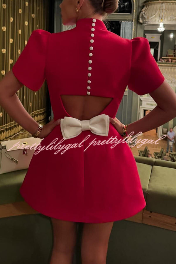 Sweet Moment Slit Short Sleeve Backless Removable Satin Bow Mini Dress